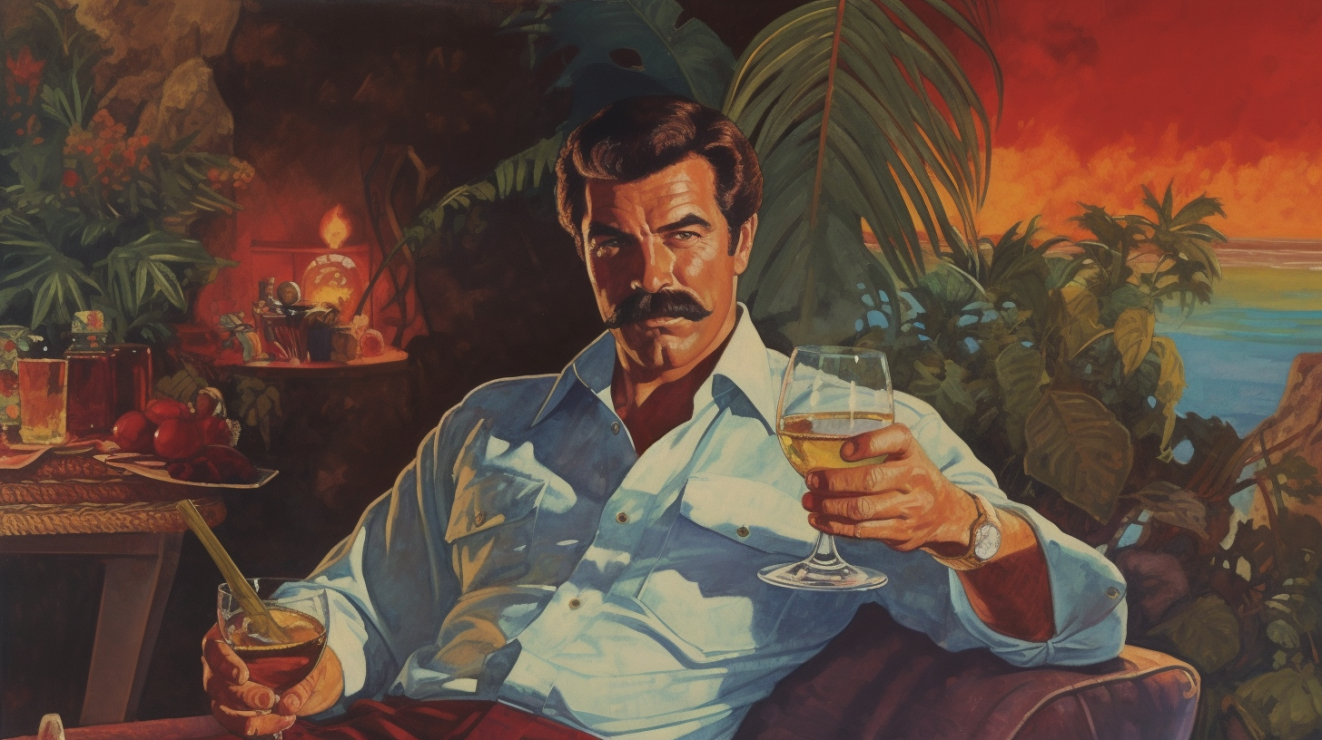 Auto-generated description: A man with a mustache holds a drink and sits confidently against a vibrant, tropical backdrop.
